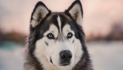 Alaskan Malamute on the left side on a pastel background with copy space, leaving one third of the background empty for a quote