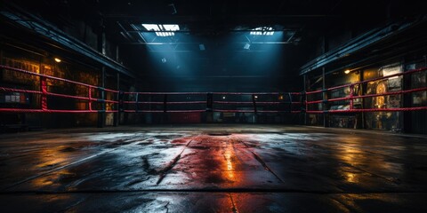 Professional boxing ring.boxing ring with illumination by spotlights background. - obrazy, fototapety, plakaty