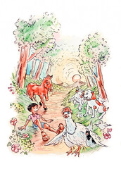 Child and happy animals in the forest posing at the camera for children's story, jpeg illustration