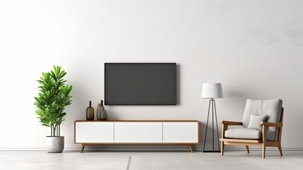Mockup a cabinet TV wall mounted with armchair in living room with a white cement wall.3d rendering
