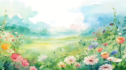 Floral border frame drawn watercolor with copy space on nature background.AI generated image