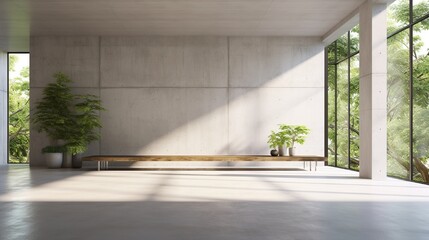 Modern contemporary empty hall with nature view 3d render overlooking the living room behind the room has concrete floors, plank ceilings and blank white walls for copy space, sunlight enter the room. - Powered by Adobe