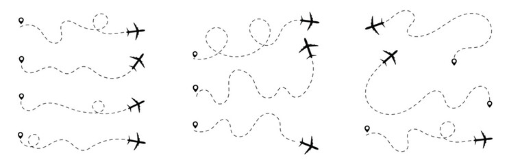 Airplane dashed lines path with start point and dash line Airplane routes set. Plane route line. Planes dotted flight pathways. Plane paths. Aircraft tracking, Airplane routes. Travel vector icon. - obrazy, fototapety, plakaty