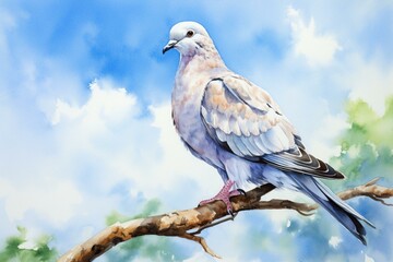 Watercolor painting of a peaceful dove against a serene blue sky. Generative AI