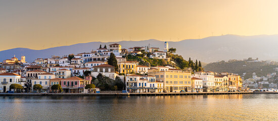 Poros, Greece - 17 February 2023 - View on the town of Poros on Poros island seen from the mainland...