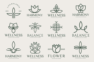 Collection of Yoga,Zen and Meditation logos,linear icons and elements.style minimalist.Vector design - obrazy, fototapety, plakaty