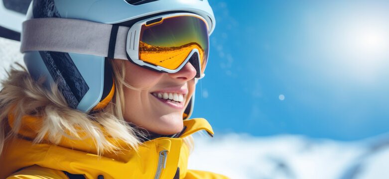 smiling blonde skier woman with helmet and goggles sitting in ski lift against blue sky background on sunny day. winter vacations. banner with copy space