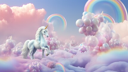 Colorful Unicorn pastel rainbow and clouds on blue sky background.AI generated image - obrazy, fototapety, plakaty