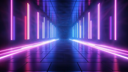 Naklejka premium Sci Fi Futuristic Smoke Fog Neon Laser Garage Room,blue pink violet neon abstract background,ultraviolet light,night club Cyber Undergound Warehouse Concrete Reflective Studio,3D Render illustration