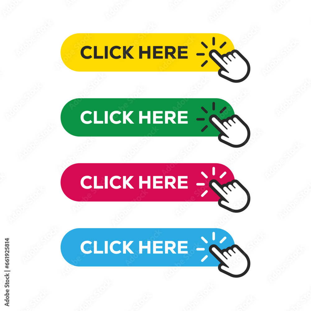 Poster click here button with arrow pointer clicking icon. click here vector web button. web button with ac