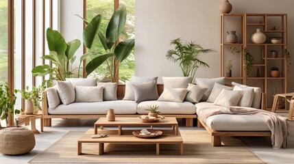 Modern interior of open space with design modular sofa, furniture, wooden coffee tables, plaid, pillows, tropical plants and elegant personal accessories in stylish home decor. Neutral living room.