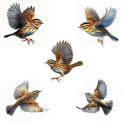 Obraz premium A set of LeConte's Sparrows flying isolated on a white background