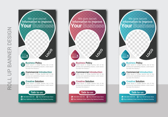 Corporate business roll up banner design template or racked banner design template and advertisement roll up banner template with three colors design