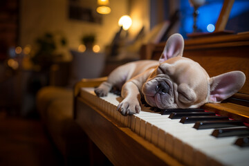 Close-up view at French bulldog's face white fluffy dog sleep on the piano's keyboard. - obrazy, fototapety, plakaty