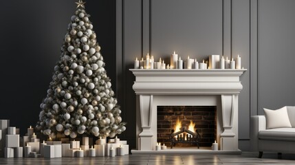 Classic christmas interior with new year tree decorated.interior christmas,magic glowing tree, fireplace and gifts.