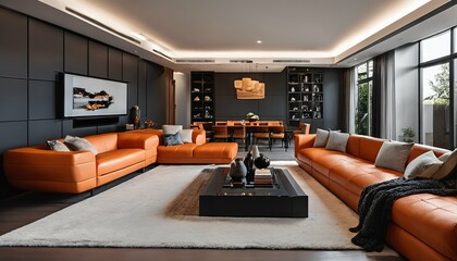 Modern interior design in large living room with orange leather sofas and chairs against dark classic wall for home