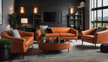 Modern interior design in large living room with orange leather sofas and chairs against dark classic wall for home