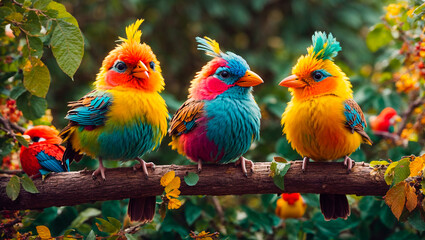 Cute funny tropical birds on a branch, leaves, flowers