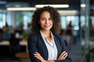 portrait of multiracial smiling businesswoman with curly hair. Blurred background