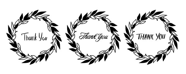Floral wreath, linear vector illustration, Thank you lettering with doodle floral frame, boho line art silhouette of floral wreaths, minimalist botanical elements. Frame, wreath, monogram 