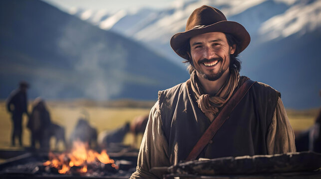 Argentine gaucho making barbecue in mountains of Patagonia