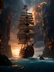 a magnificent pirate ship, thrilling intensity, atmospheric, vertiginous, ultra-realistic, high...