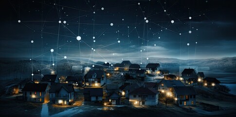 Connected houses. Digital community and smart homes. Houses at night with data transactions.