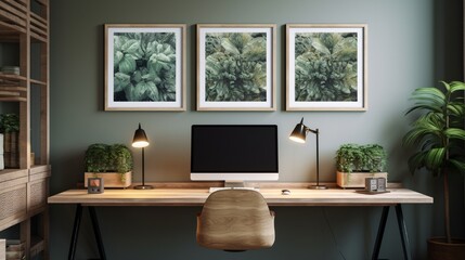 Fototapeta na wymiar Patterned posters above desk with computer monitor in grey home office interior with plants