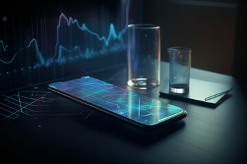 Smartphone with glowing forex chart on screen. Finance and trade concept. 3D Rendering