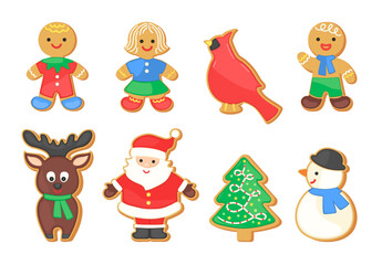 Gingerbread cookies set. Vector Christmas sugar cookies decorated with colorful icing. Gingerbread man, woman, santa and deer isolated. Festive sweet food vector illustration. Home bakery clipart.