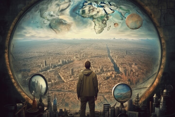 Man looking at the city through a magnifying glass. Elements of this image furnished by NASA