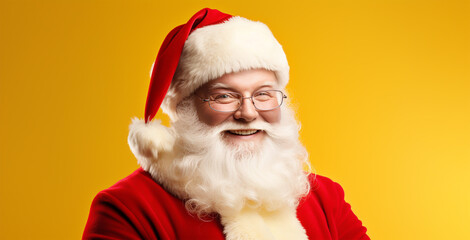 ELDERLY FAIRYTALE GRANDFATHER SANTA CLAUS ON A YELLOW BACKGROUND, HORIZONTAL IMAGE. image created by legal AI