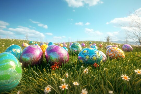 Colorful Easter eggs on a lush lawn under a clear sky. Decorated with diamond and floral patterns in vivid green and aqua. 3D rendered image. Generative AI