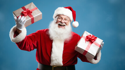 ELDERLY FAIRYTALE GRANDFATHER SANTA CLAUS WITH CHRISTMAS GIFTS ON A BLUE BACKGROUND, HORIZONTAL IMAGE. image created by legal AI