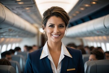 portrait of a AIr hostess inside a plane smiling  - cabin crew member