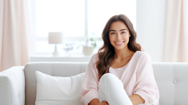 HISPANIC YOUNG WOMAN IN A RELAXED POSE RESTING ON A COMFORTABLE SOFA. HORIZONTAL IMAGE. image created by legal AI