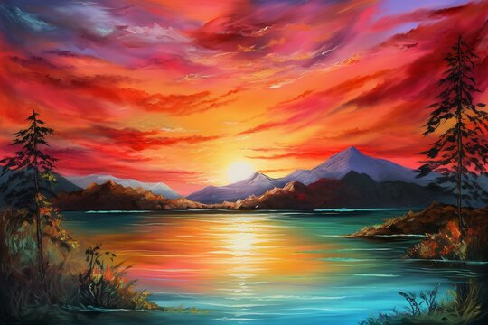 Vivid sunset painting peace over lake with trees and mountains. Generative AI
