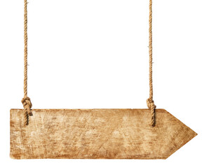 Wooden arrown hanging from ropes_ hanging wooden sign png image - obrazy, fototapety, plakaty