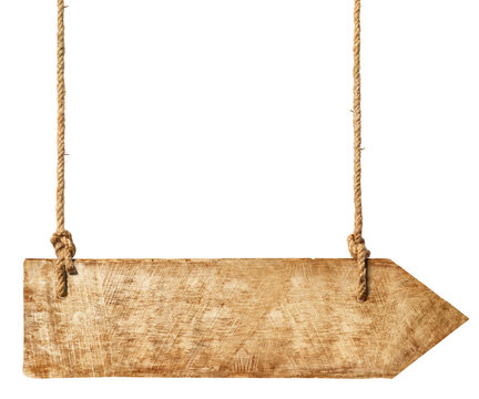 Wooden arrown hanging from ropes_ hanging wooden sign png image