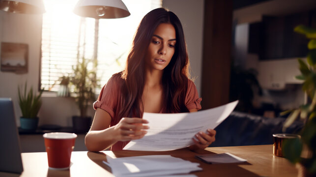 YOUNG HISPANIC WOMAN REVIEWING TAX DOCUMENTS, HORIZONTAL IMAGE. image created by legal AI