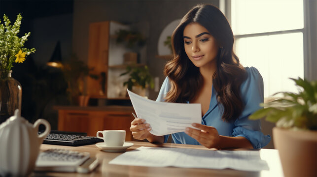YOUNG HISPANIC WOMAN REVIEWING TAX DOCUMENTS, HORIZONTAL IMAGE. image created by legal AI