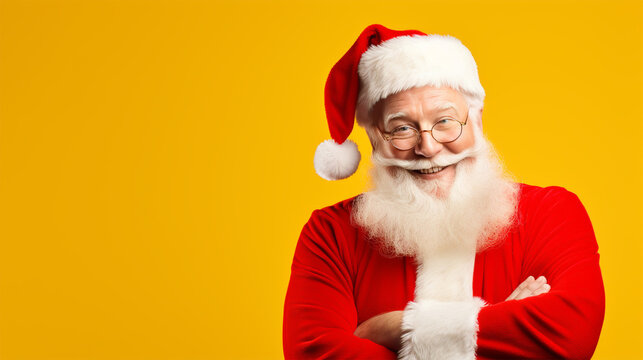 ELDERLY FAIRYTALE GRANDFATHER SANTA CLAUS ON A YELLOW BACKGROUND, HORIZONTAL IMAGE. image created by legal AI
