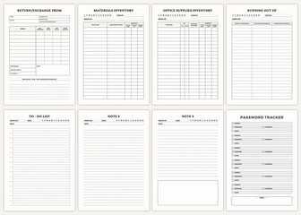 Minimalist planner pages templates. Return/Exchange From,Materials Inventory,Office Supplies Inventory,Running Out Of,To - Do List,Notes,