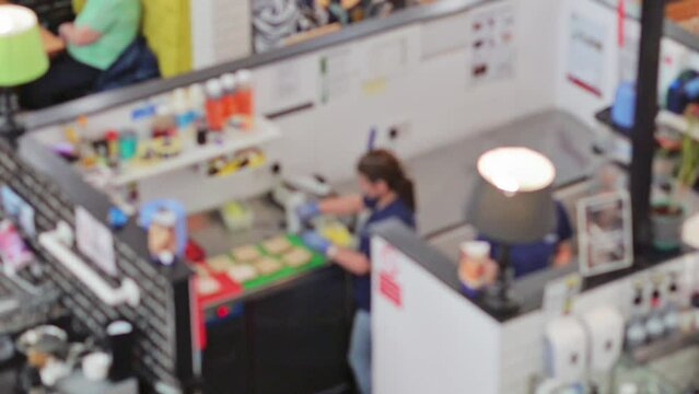 blurred background of food court in shopping centre. High quality 4k footage