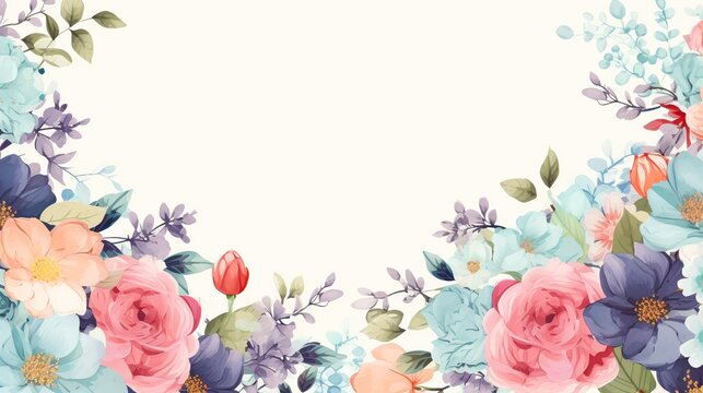 Floral border frame drawn watercolor with copy space on white background.AI generated image