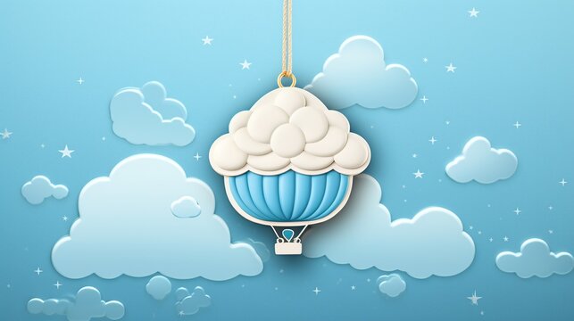 Funny Blue sky with white clouds and hot balloon isolated background. AI generated image