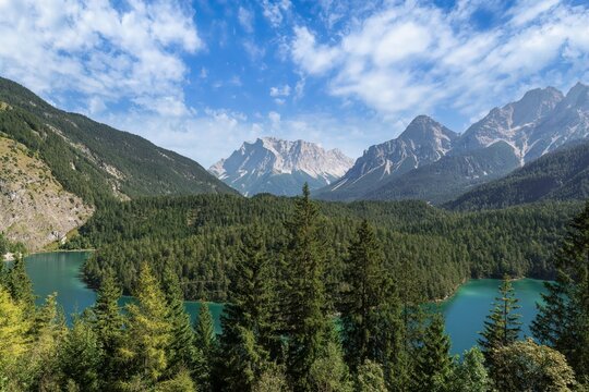A mountain surrounding view of Blindsee in the valley of Pleiswald from Biberwier, Austria in Tyrol.