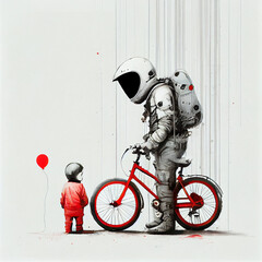 an astronaut and a little kid with red balloon and bicycle, generative ai