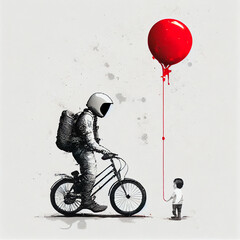 an astronaut and a little kid with red balloon and bicycle, generative ai