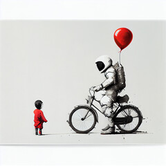 an astronaut and a little kid with red balloon and bicycle, generative ai